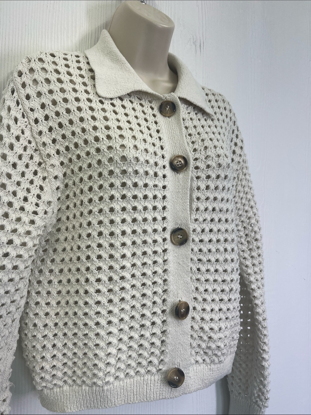 H&M - Cream Ivory Open Knit Button Down Lightweight Long Sleeve Cardigan Size XS - Picture 5 of 11